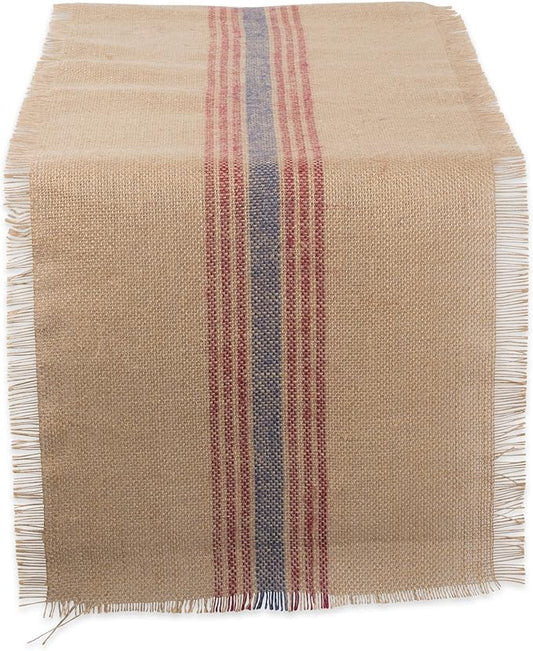 DII Jute Burlap Collection Kitchen Tabletop, Table Runner, 14x72, Middle Stripe Blue/Red