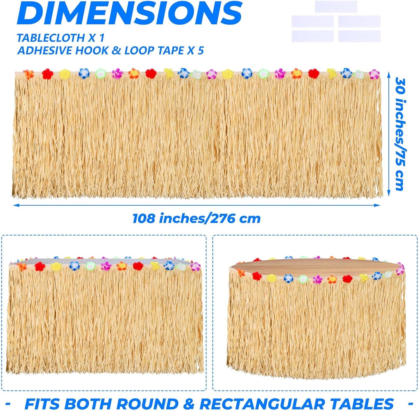Aodaer Paper Luau Grass Table Skirt with Hibiscus Flowers 9 Feet x 30 Inch Raffia Style Hawaiian Table Skirt Rectangle Tropical Luau Party Decorations for Summer Beach Party, Straw