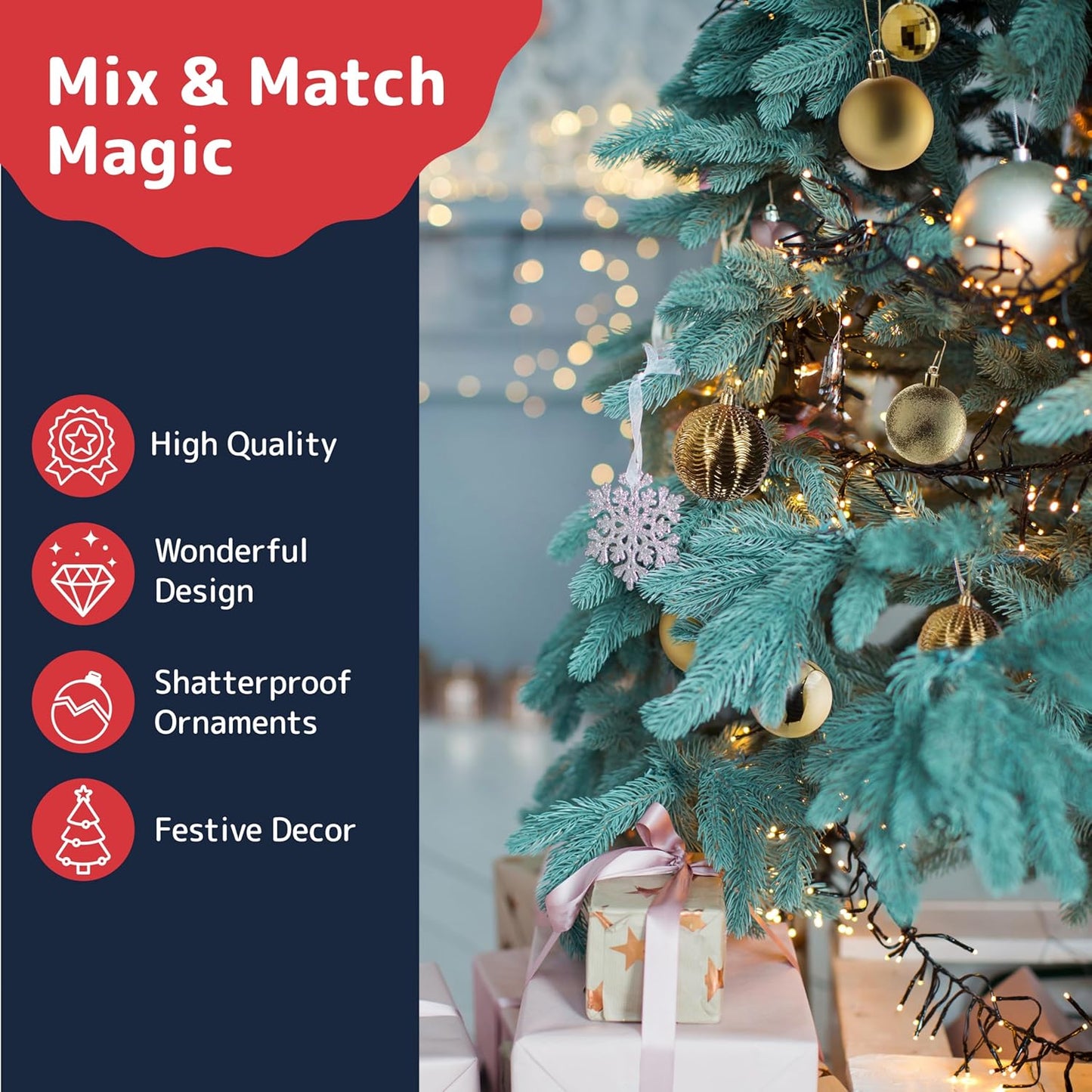 Prextex 36pc Shatterproof Gold Christmas Balls Ornament Set - Festive Christmas Tree Ornaments in 3 Different Sizes and 6 Styles - Holiday Decoration with Hanging Loops for Tree, Wreath, Party Decor