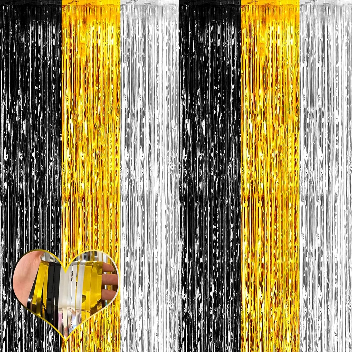 4 Pack 3.2Ft x 6.6Ft Black Gold Silver Fringe Curtain Backdrop, Metallic Tinsel Foil Fringe Streamers Curtains Background for Wedding Notorious One Birthday Roaring 20s Graduation Party Decoration