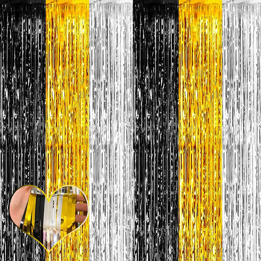 4 Pack 3.2Ft x 6.6Ft Black Gold Silver Fringe Curtain Backdrop, Metallic Tinsel Foil Fringe Streamers Curtains Background for Wedding Notorious One Birthday Roaring 20s Graduation Party Decoration