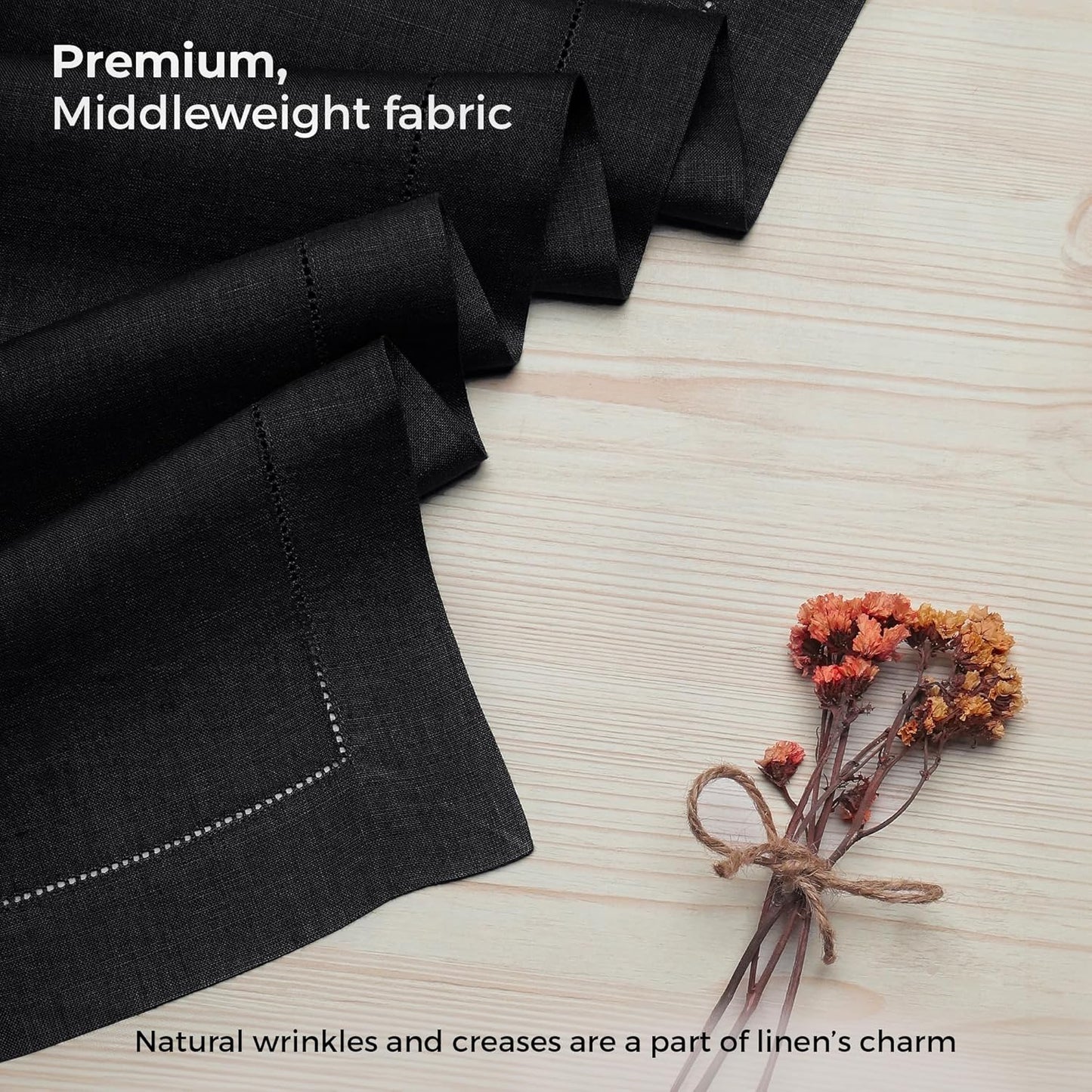 D'Moksha Homes Linen Black Table Runner 72 Inches Long - 100% Pure Linen Hemstitch Table Runner 14 x 72 Inch for Dresser, Dining, Fall, Autumn and Halloween - Classic Hemstitch