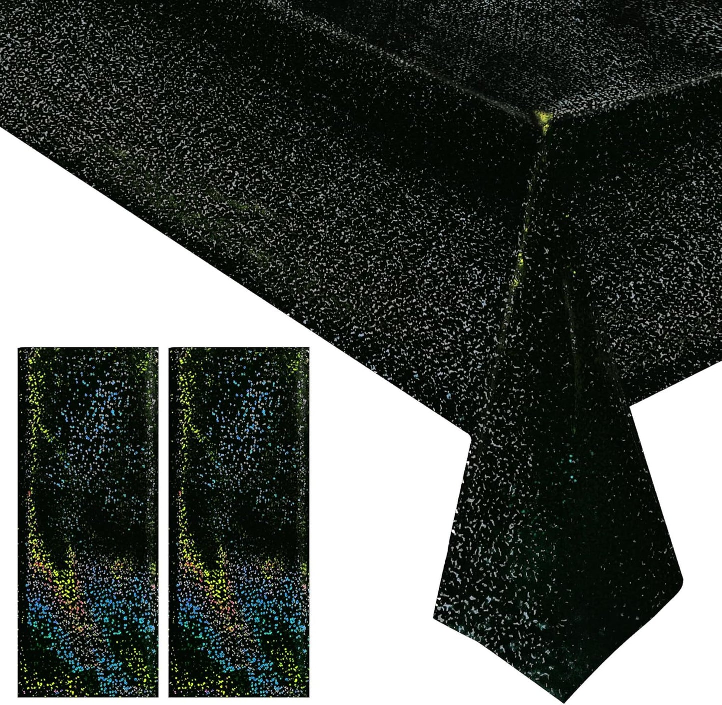 2 Pcs Black Holographic Laser Tablecloth Galaxy Space Table Cloth 40 * 108 Inch Shimmer Star TableCover for Halloween Birthday Graduation Neon Party Supplies Disposable Plastic Foil Table Decor