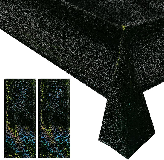 2 Pcs Black Holographic Laser Tablecloth Galaxy Space Table Cloth 40 * 108 Inch Shimmer Star TableCover for Halloween Birthday Graduation Neon Party Supplies Disposable Plastic Foil Table Decor