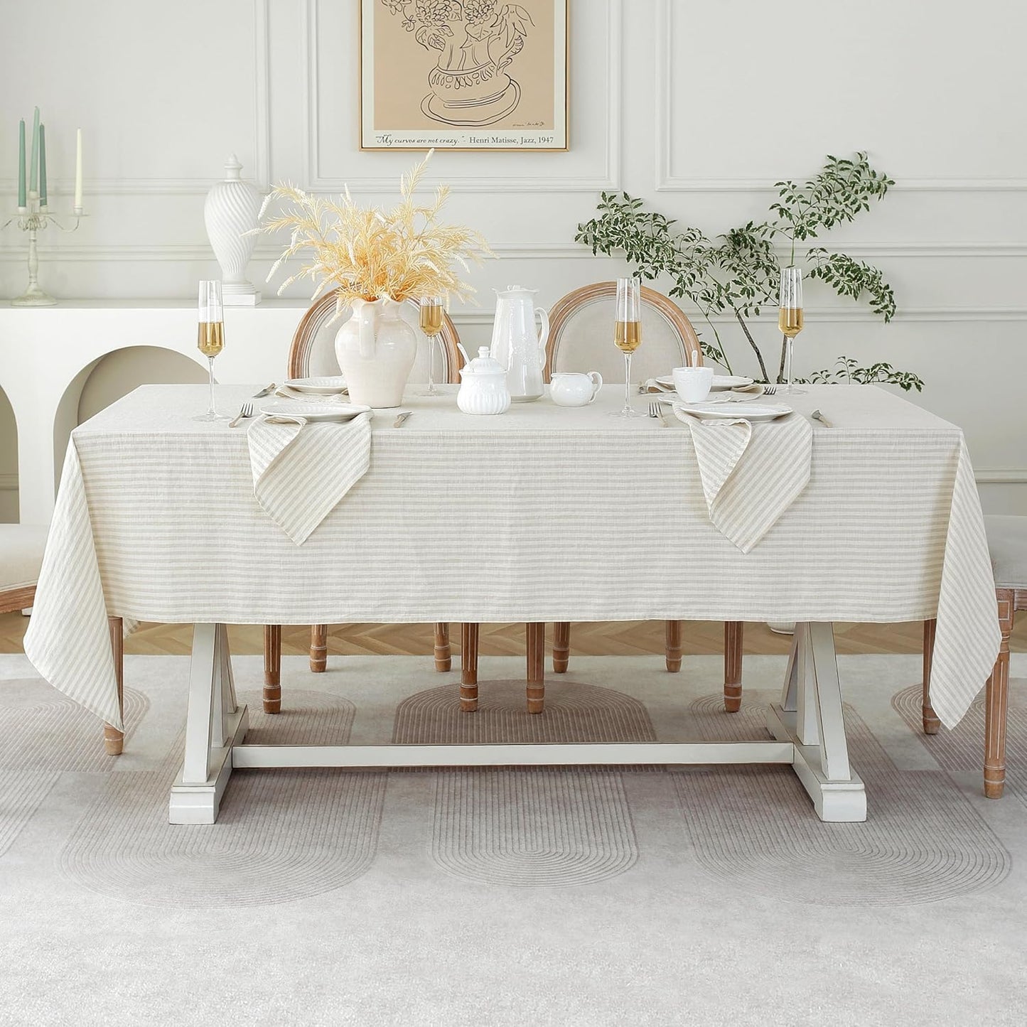 Linen World Stripe Tablecloth 60X120 Inch,100% Flax Tablecloth,10ft Fall Table Cloth Decorative Halloween Christmas Thanksgiving Table Cover,Handcrafted and Machine Washable,Natural Stripe
