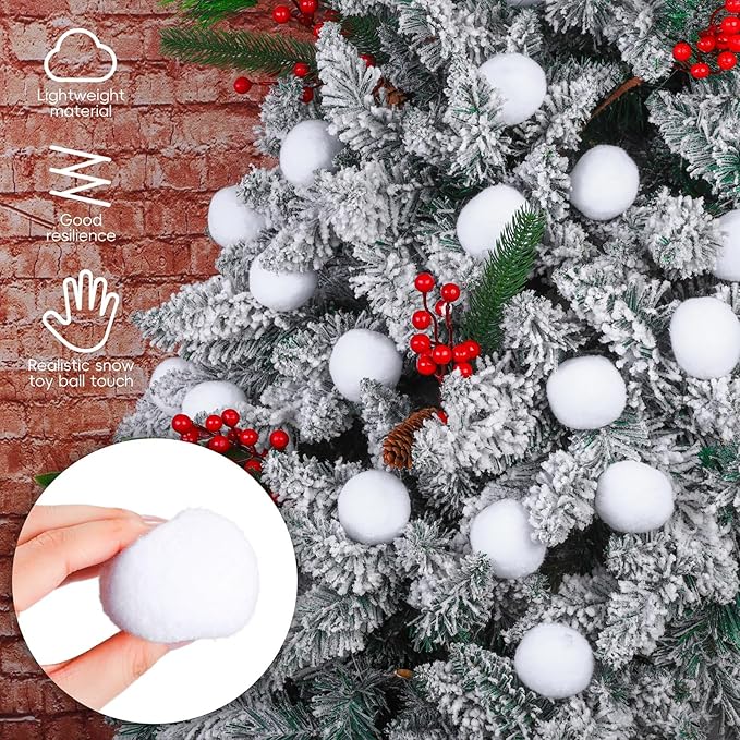 Elcoho 200 Pieces 2 Inch Artificial Snow Toy Ball Set with Bucket for Storage Kids Snow Fight Ball Realistic Snow White Plush Toss Ball for Kids Toss Game Winter Snow Fight Indoor Outdoor Xmas Decor