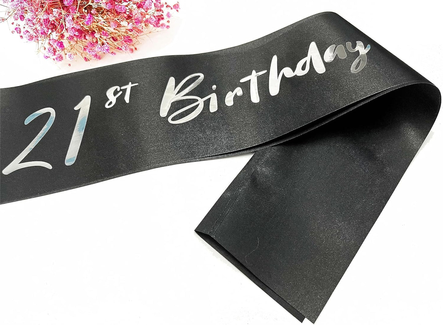 21st Birthday Sash, Black Satin Soft Sashes with Silver Foil Letter, Birthday Decorations for Girls or Boys, Happy 21st Birthday Party Favor Supplies,Black Silver