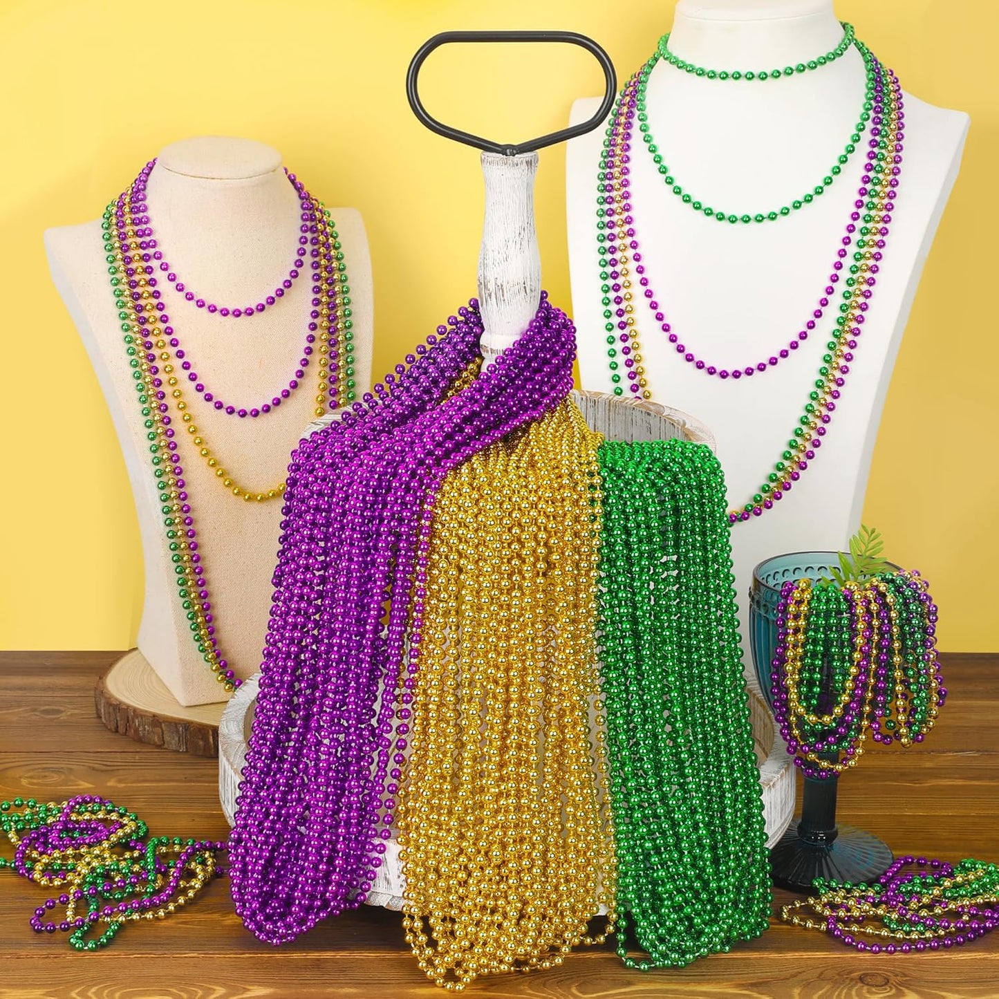 15PCS Mardi Gras Beads, Green Purple Gold Mardi Gras Necklace Accessories, 33" Round Festival Beads Carnival Party Favors Bulk, Beads Necklace for Parade Throws Party Decorations Costumes Supplies