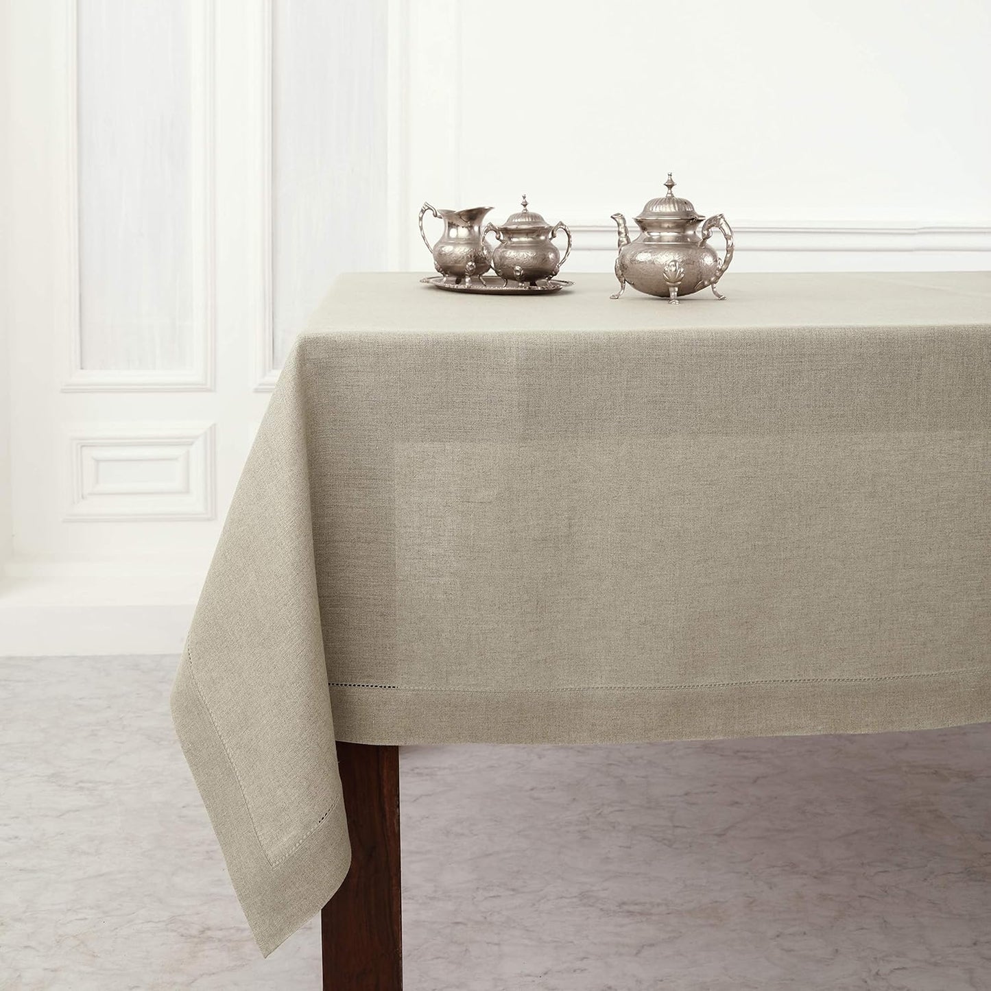 Solino Home Linen Tablecloth for Rectangle Tables 60 x 144 Inch - Classic Hemstitch 100% Pure Linen Natural Table Cloth - Machine Washable Cloth Tablecloth for Fall, Thanksgiving, Christmas, Holiday