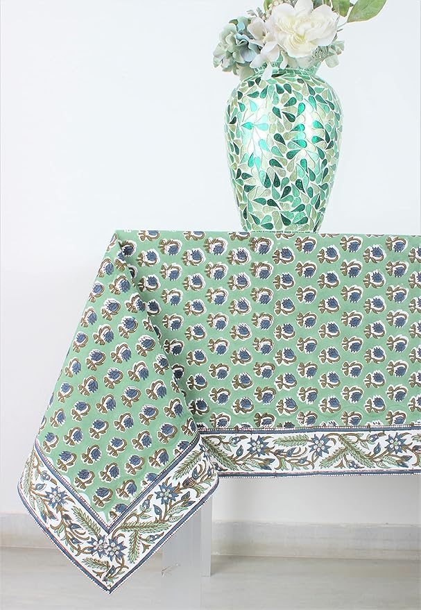 Ridhi Basil Green 60x60 Inches Square 100% Cotton Hand Block Print Tablecloth Washable Halloween Thanksgiving/Christmas Parties/Wedding Use,Fall décor Farmhouse Dining Dinner Tablecloth