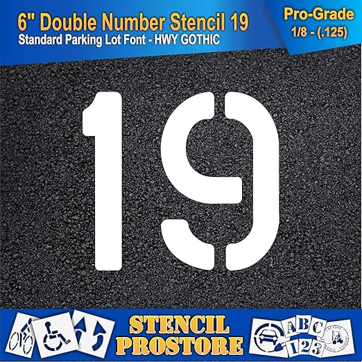 Pavement, Curb, and WheelStop Stencils - 6 inch Double Number Stencil - (19) - 6" x 6" x 1/8" (128 mil) - Pro-Grade