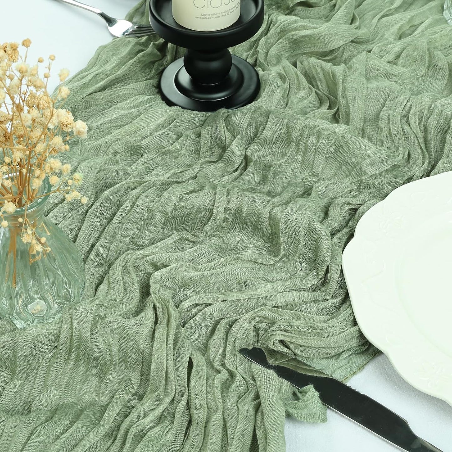12 Pack 10FT Sage Green Cheesecloth Table Runner 35x120 Inch Gauze Rustic Boho Table Runner Cheese Cloth for Wedding Decor Birthday Party Bridal Baby Shower Table Centerpiece Decoration