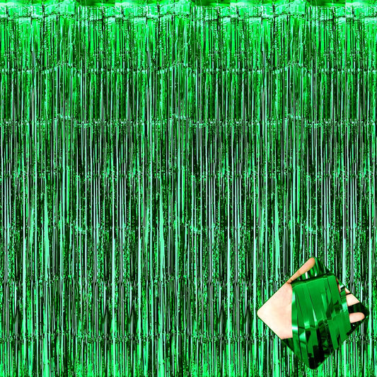 4 Pack 3.3Ft x 6.6Ft Green Foil Fringe Curtain Backdrop, Metallic Tinsel Foil Fringe Streamers Curtains Background for Photo Booth, Birthday, Wedding, Halloween, Christmas Party Decoration