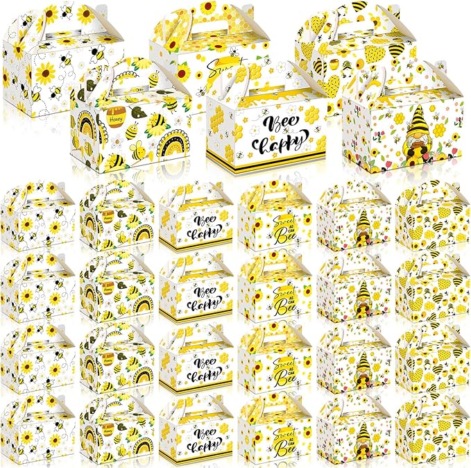 24 Pcs Bee Candy Boxes with Handles Bee Party Favors Treat Boxes Goodie Bags Candy Gift Bags for Birthday Party Baby Shower Wedding Supplies