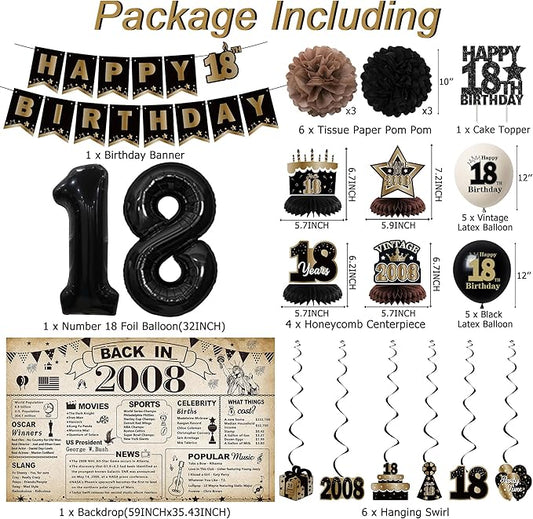DARUNAXY 18th Birthday Party Decorations for Boys, Vintage Back in 2008 Banner, Black 18 Number Balloons & Cake Topper, Vintage 2008 Sweet 18 Birthday Honeycomb Hanging Swirl Confetti Balloons(30PC)
