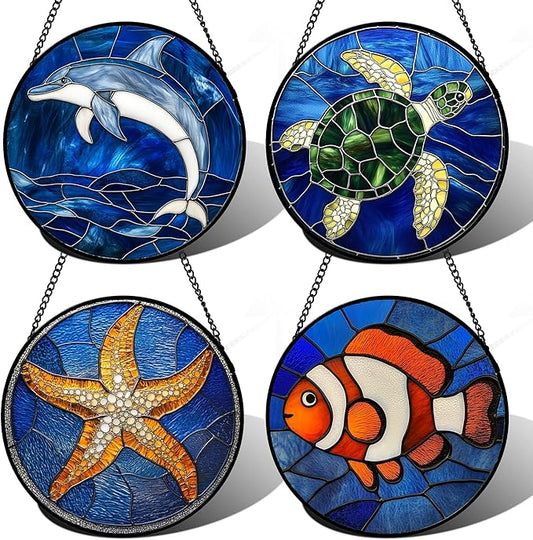 Stained Glass Window Hanging 4 Pcs Set Blue Ocean Turtle Dolphin Large 15" - Marine Life Suncatcher Garden Sun Catcher Decor Birthday Mother's Day for Mom Woman Nana Men