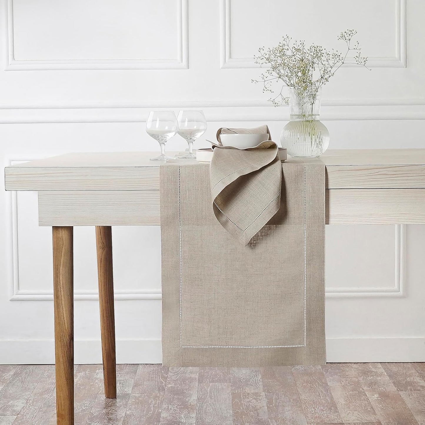 D'Moksha Homes Linen Natural Table Runner 120 Inches Long - 100% Pure Linen Hemstitch 14 x 120 Inch Table Runner for Dining, Fall, Autumn and Halloween - Classic Hemstitch