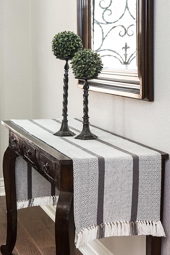 Sticky Toffee Cotton Table Runner, 14 x 72 Inch, Gray Woven Farmhouse Boho Striped Table Décor for Kitchen or Dining