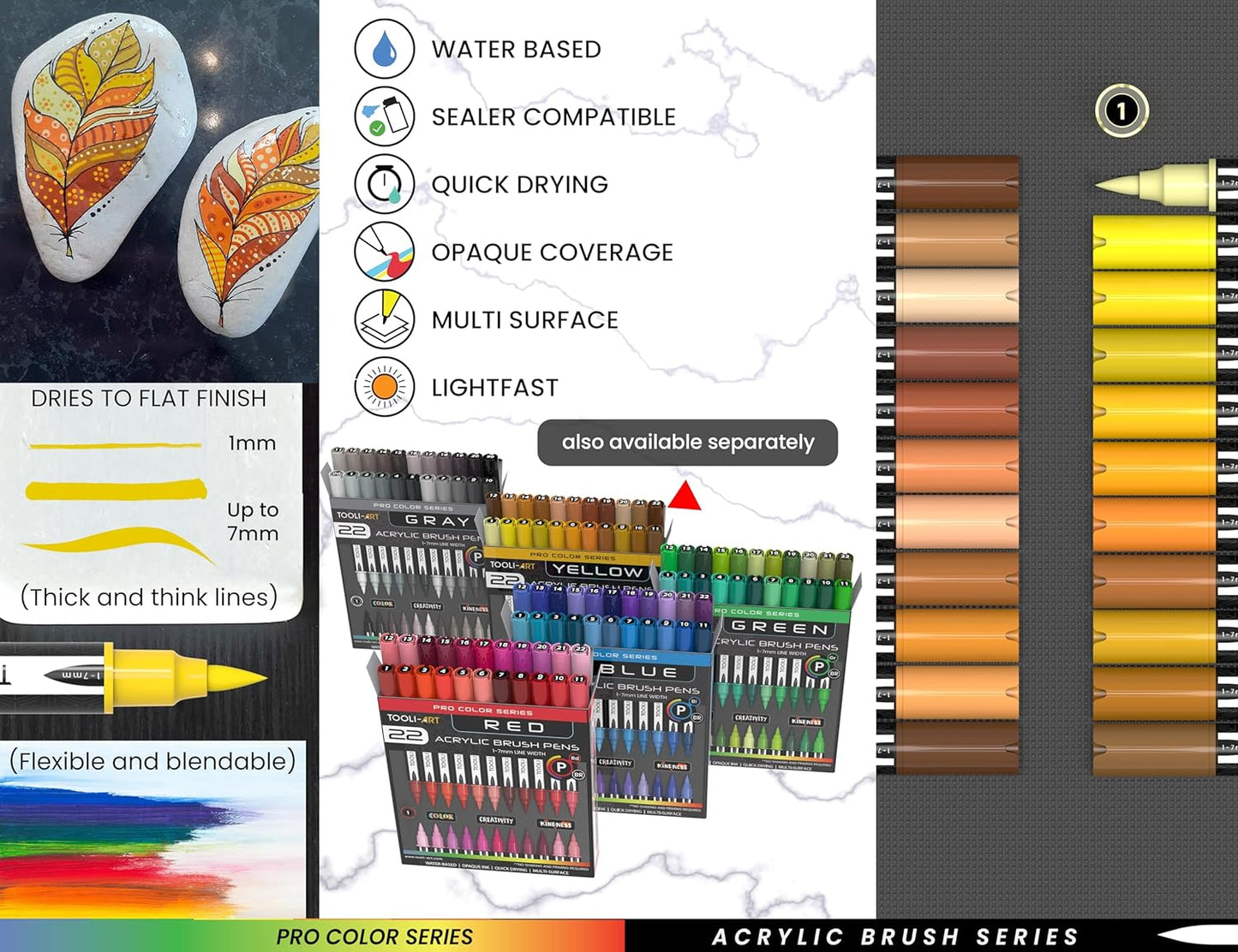 22 Flexible Brush Tip Acrylic Paint Pens Markers Set 1-7mm Line for Rock Painting, Brush Lettering, Glass, Mugs, Wood, Metal, Canvas, Fabric, Plastic. Non Toxic Waterbased Quick Drying Assorted Yellow