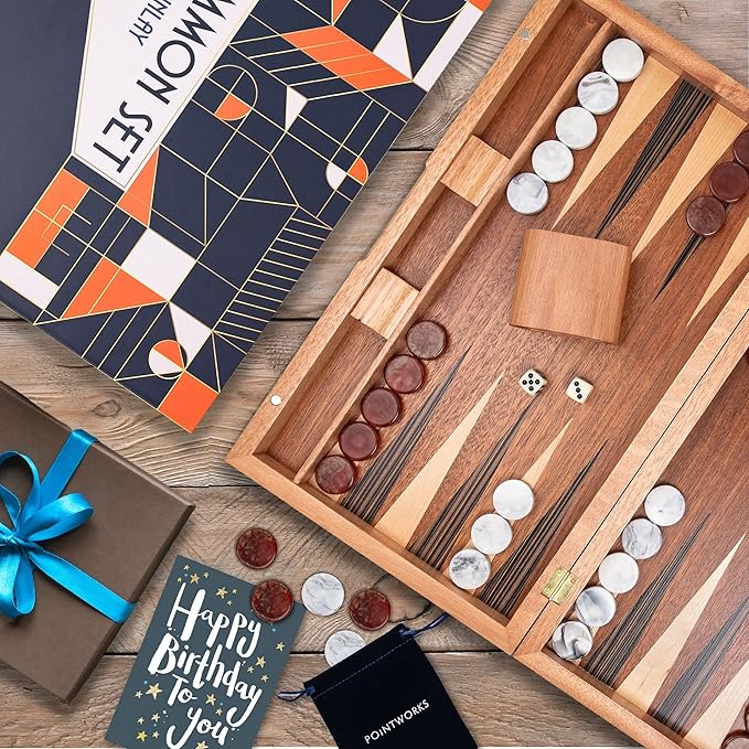 Pointworks 17 Inch Backgammon Sets for Adults. Beautiful Wood Inlaid Backgammon Board Game Set with Unique Checkers & Dice. Large Back Gammon Game Sets Travel Size for 2 Players Nardi or Tavla