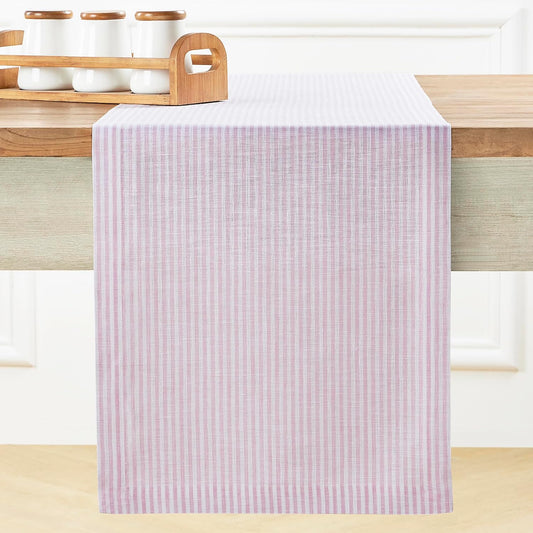 Solino Home Linen Table Runner 108 Inches Long - Narrow Stripe, 100% Pure Linen Pink and White Table Runner 14 x 108 Inch for Dining, Halloween