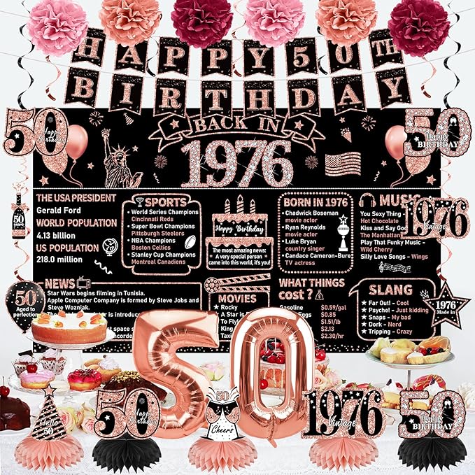 Zirtorei 50th Birthday Decorations for Women, 21pcs the Year 1976 Banner Balloon Party Supplies, Rose Gold 50 Year Old Birthday Backdrop, 50 Bday Honeycomb Centerpiece Hanging Swirls Sash Gifts