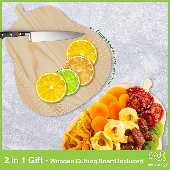 NUT CRAVINGS - Halloween Treats For Adults Dried Fruit & Mixed Nuts Gift Basket in Wooden Pear-Shaped Tray (9 Assortments) Holiday Xmas Christmas Food Arrangement, Healthy Snack Care Package,