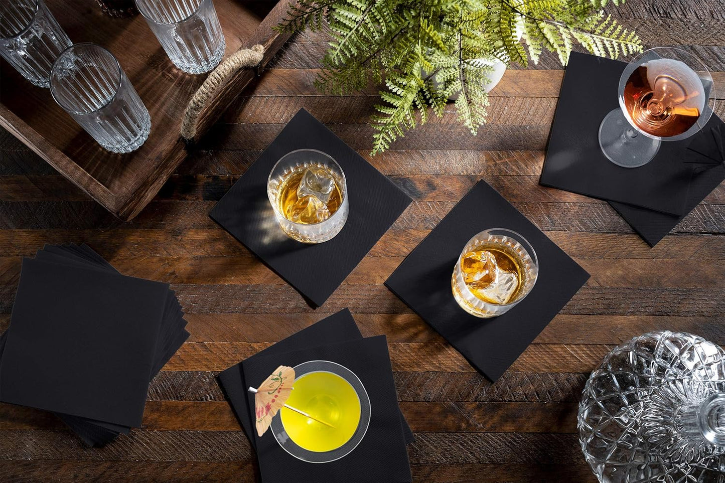 Disposable Black Cocktail Napkins Paper - 4" x 4" High-End Linen-Like Beverage Party Square Paper Napkin Pack for Bar, Cafe, Restaurant, Christmas, Birthday, Wedding, Baby Shower - 100 Count