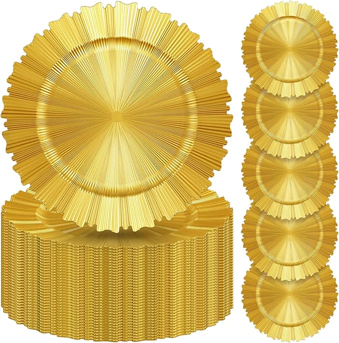 Mifoci 50 Pcs Bright Gold Charger Plates Bulk 13 Inch Plastic Round Chargers Fluted Edge Dinner Plate Wedding Decoration for Table Setting Wedding Party Event Tabletop
