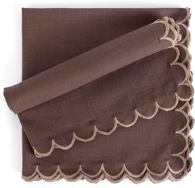 FINGERCRAFT Cloth Napkins, Everyday Use Scallop Design, Premium Quality Natural Cotton Napkin Set of 6 Perfect for Parties Dinners Weddings Easter Napkin Cloth 20x20 inch Chocolate/Brown