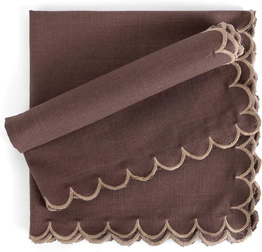 FINGERCRAFT Cloth Napkins, Everyday Use Scallop Design, Premium Quality Natural Cotton Napkin Set of 6 Perfect for Parties Dinners Weddings Easter Napkin Cloth 20x20 inch Chocolate/Brown