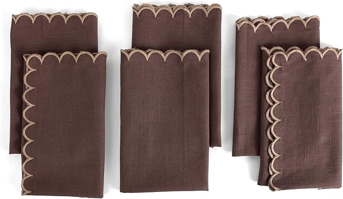 FINGERCRAFT Cloth Napkins, Everyday Use Scallop Design, Premium Quality Natural Cotton Napkin Set of 6 Perfect for Parties Dinners Weddings Easter Napkin Cloth 20x20 inch Chocolate/Brown