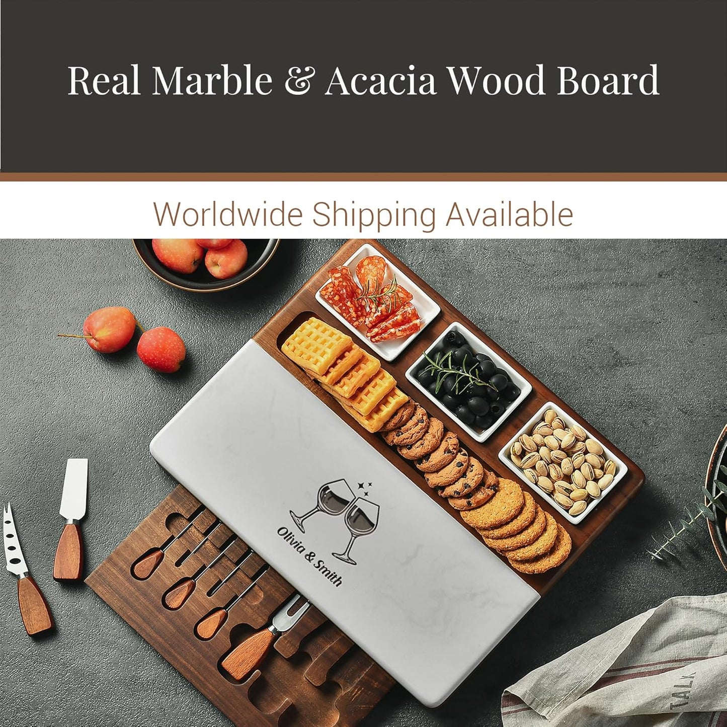 Shanik Wood - Marble Cheese Board Set with 3 Ceramic Bowls - Stainless Steel Cutlery Set, Charcuterie Board & Gift for Any Occasion (with Engraving)