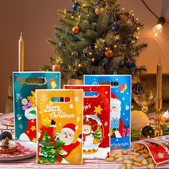 Christmas Treat Bags with Handles, 60 PCS Christmas Goodie Bags, Xmas Gift Bag, Plastic Snowman Santa Claus Candy Goody Cookie Snack Bag Holiday Party Favor Bag for Xmas Winter Party Favor Supplies