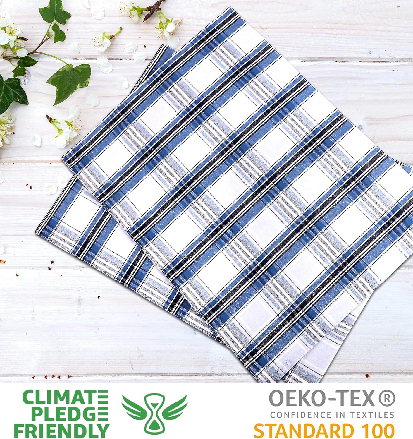 Urban Villa Christmas Placemats Snow Blue Color Checked 100% Cotton Fused Placemats 14''x 20'' Over Sized Set of 6 Use Heavier Quality Christmas Special placemats Quality