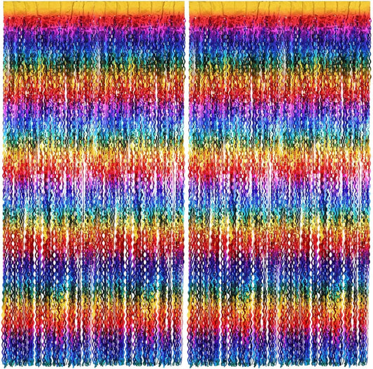 2 Pack Colorful Wavy Foil Fringe Curtain Backdrop, 3.3 X 6.6 Ft Rainbow Wavy Fringe Curtains, Colorful Streamer Shiny Metallic Tinsel Iridescent Streamers for Birthday Party Streamers Photo Booth