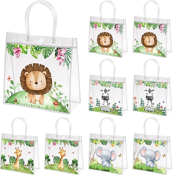 H1vojoxo Jungle Animals Gift Bags - 24PCS Safari Clear PVC Gift Bags Reusable Elephant Zebra Lion Giraffe Cartoon Jungle Animals Party Bag for Kids Birthday Baby Shower Wild One Birthday Decoration