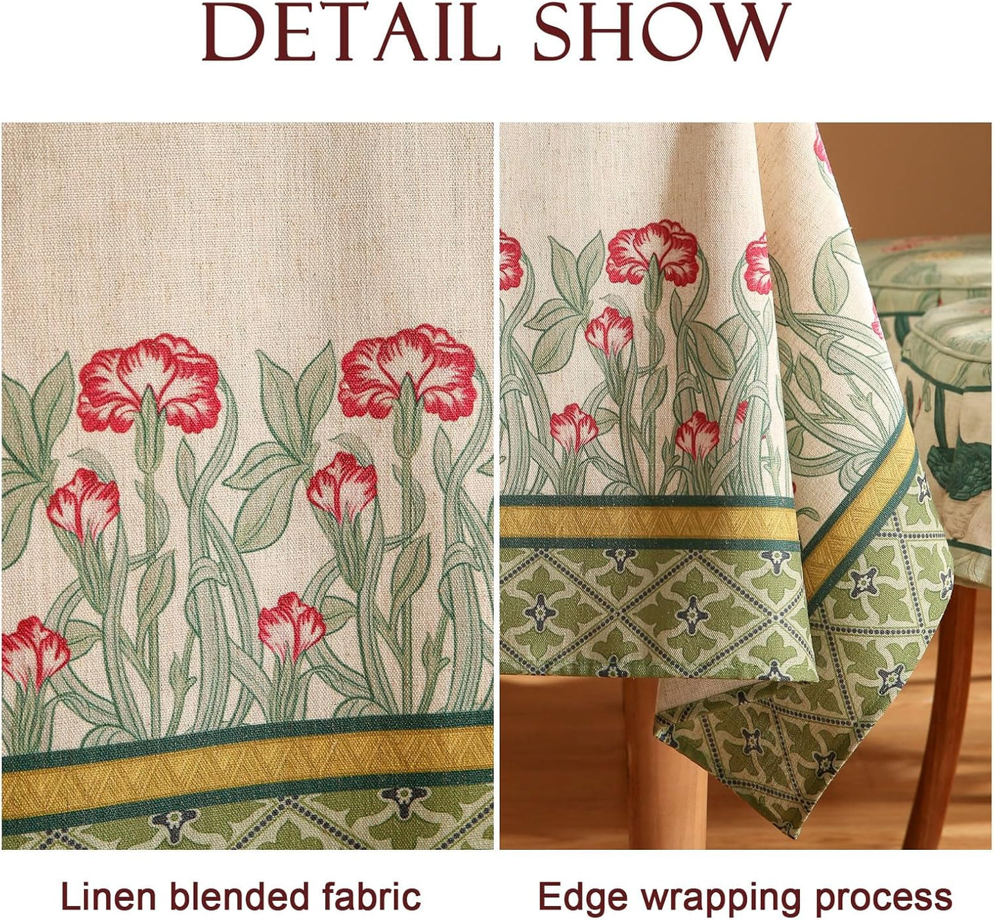 patdrea Designer Vintage Linen Long Rectangle Table Cloth,Floral Leaves Pattern Anti-Wrinkle Green Tablecloth,Decor Table Cover for Kitchen Dining Christmas,Party,Thanksgiving,55"x79"-Cecilia D