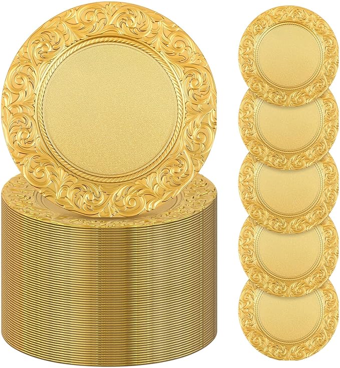 Uiifan 150 Pcs Antique Charger Plates Bulk 13'' Plastic Plate Chargers Decorative Embossed Rim Round Plates for Wedding Party Event Dinner Kitchen Table Setting Decoration (Gold)