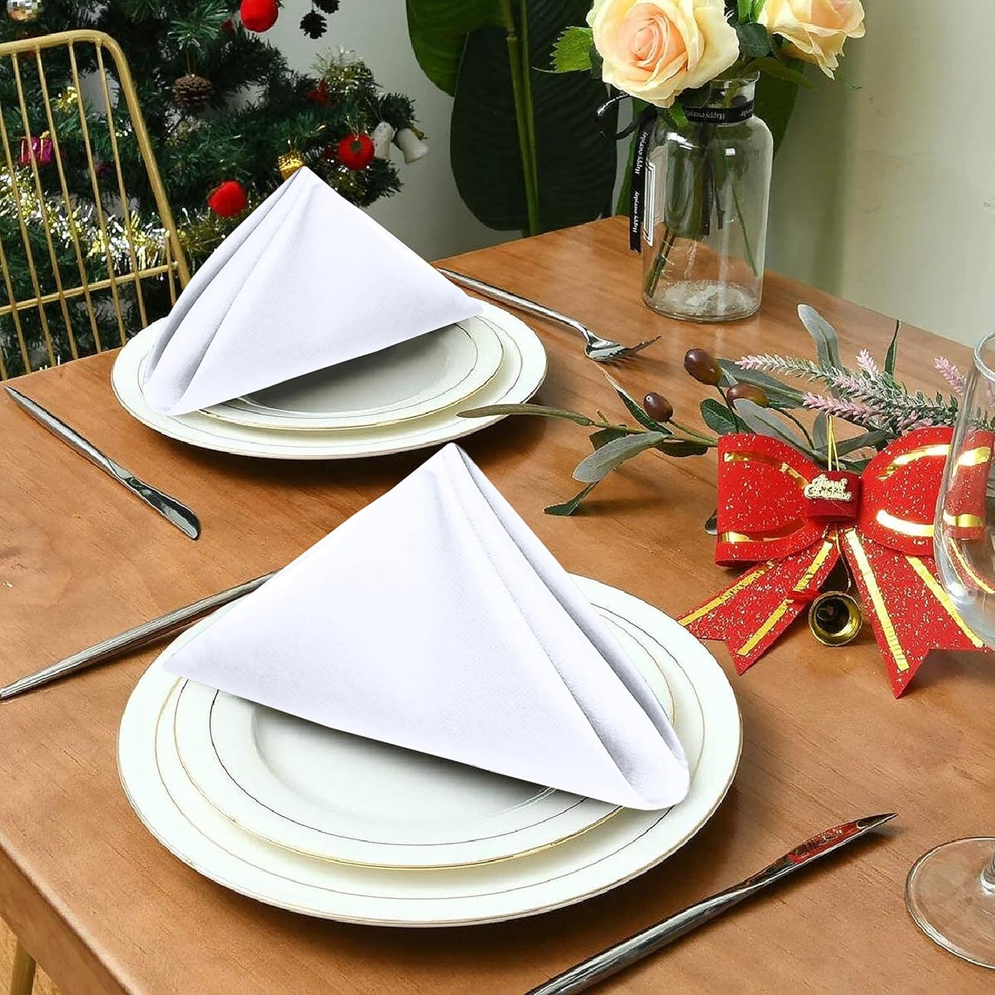 Ruvanti Cloth Napkins Set of 6, 18x18 Inches Napkins Cloth Washable, Soft, Durable, Absorbent, Cotton Blend. Table Dinner Napkins Cloth for Hotel, Lunch, Restaurant, Wedding Parties - White