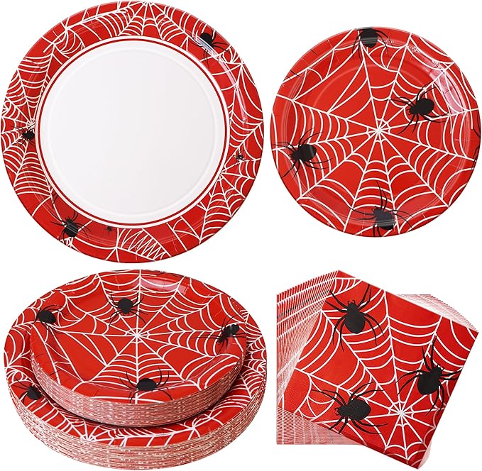75pcs Spider Party Supplies, 25 Guest Disposable Red Paper Plates & Napkins, Tableware Decorations Favors, Including 9" & 7" Plates & Napkins for Halloween, Birthday, Parties, and Everyday Use