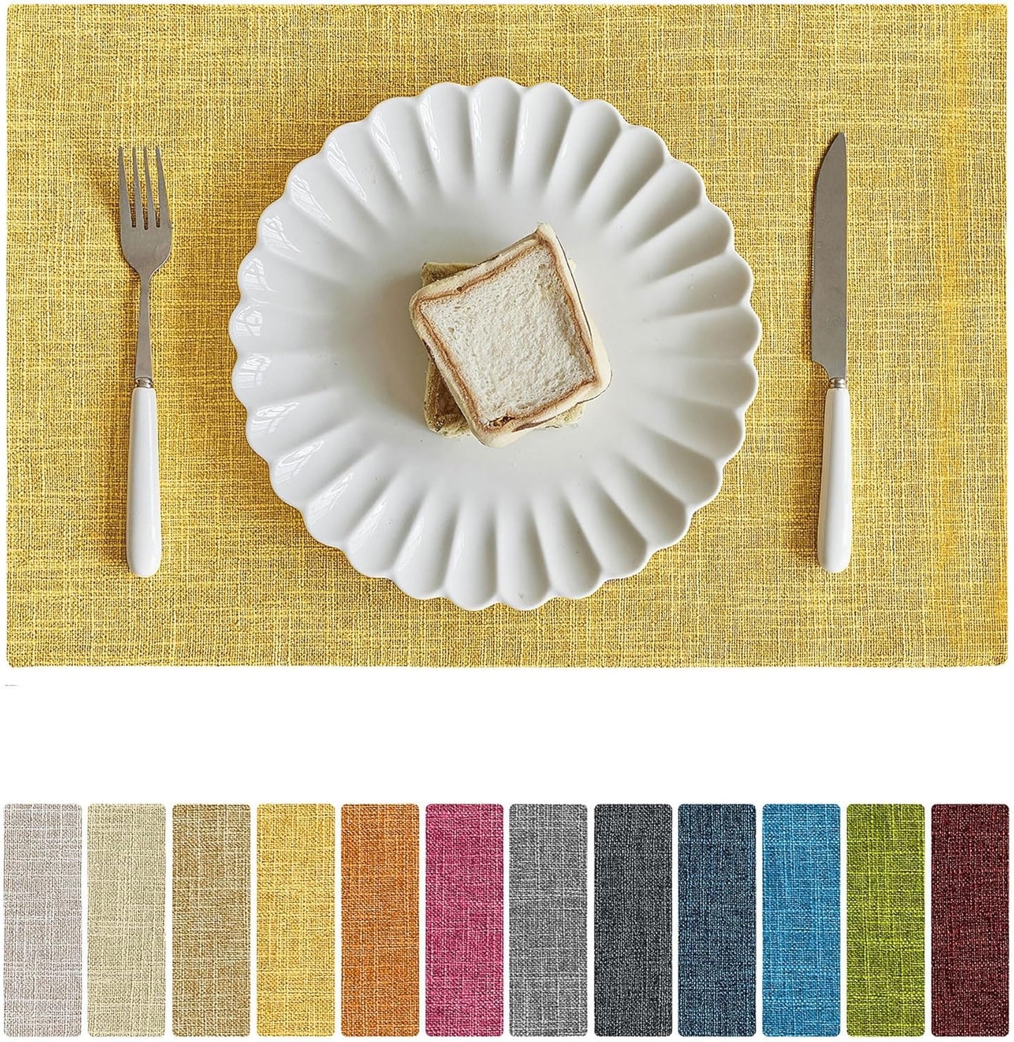 Softalker Faux Linen Placemats Set of 12-12 x 18 Inch, Heat Resistant Double Layered Durable Burlap Farmhouse Place Mats, Non-Slip Washable Rustic Table Mats for Dining, Kitchen, Party（Yellow