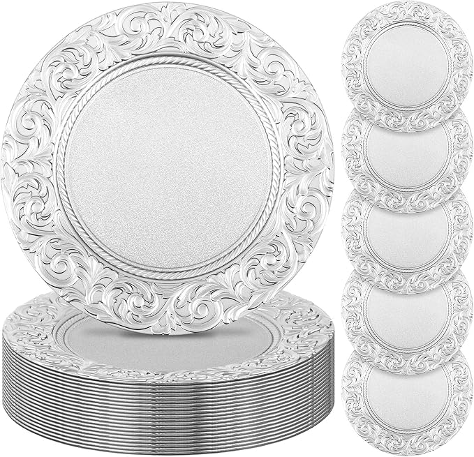 Uiifan 24 Pcs Antique Charger Plates Bulk 13'' Plastic Plate Chargers Decorative Embossed Rim Round Plates for Wedding Party Event Dinner Kitchen Table Setting Decoration (Silver)