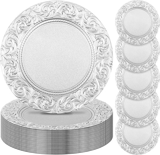 Uiifan 24 Pcs Antique Charger Plates Bulk 13'' Plastic Plate Chargers Decorative Embossed Rim Round Plates for Wedding Party Event Dinner Kitchen Table Setting Decoration (Silver)