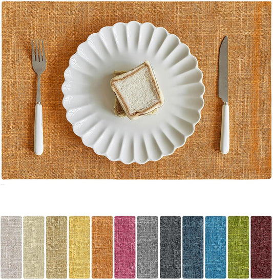 Softalker Faux Linen Placemats Set of 4-12 x 18 Inch, Heat Resistant Double Layered Durable Burlap Farmhouse Place Mats, Non-Slip Washable Rustic Table Mats for Dining, Kitchen, Party（Orange