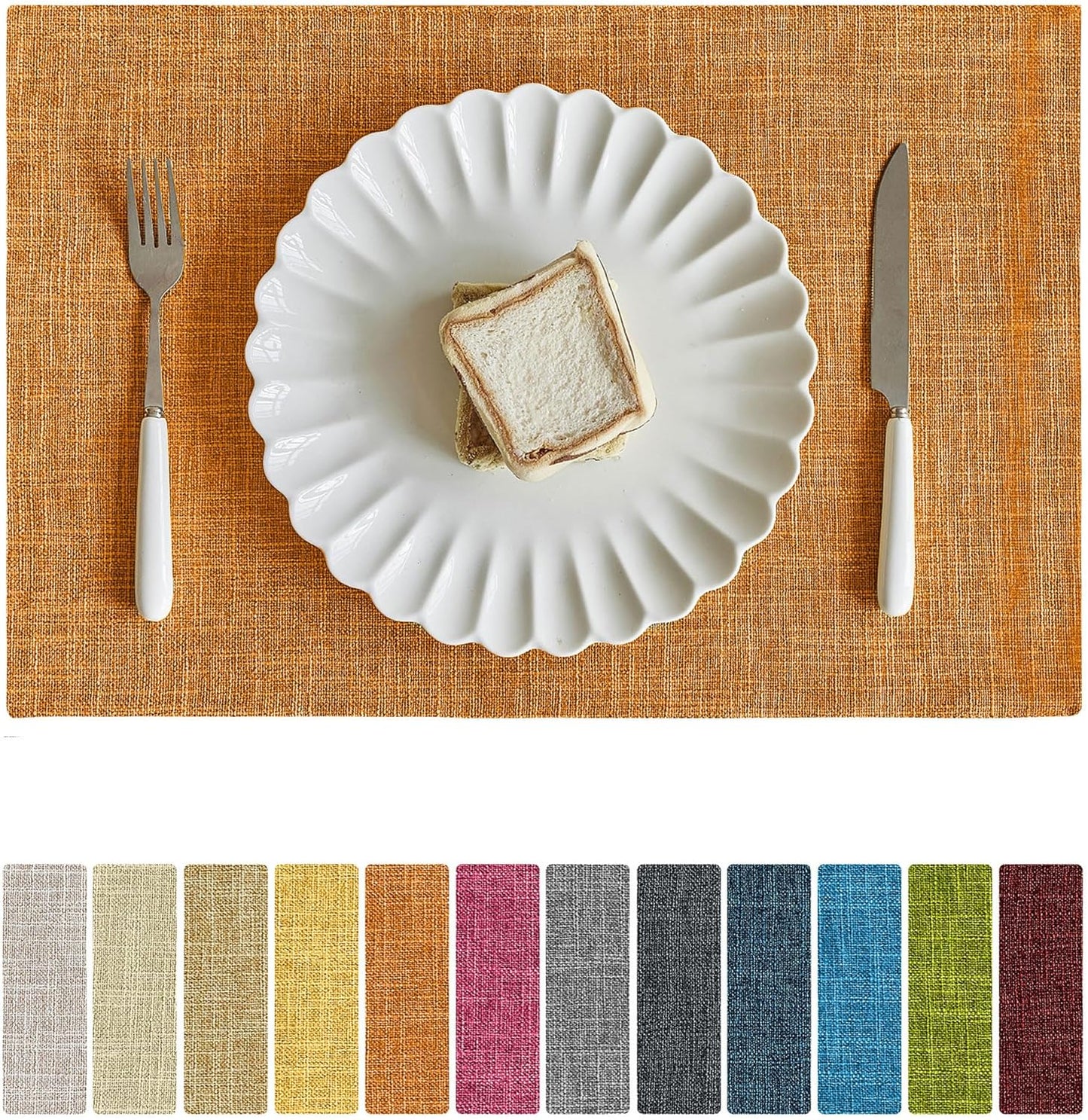 Softalker Faux Linen Placemats Set of 6-12 x 18 Inch, Heat Resistant Double Layered Durable Burlap Farmhouse Place Mats, Non-Slip Washable Rustic Table Mats for Dining, Kitchen, Party（Orange