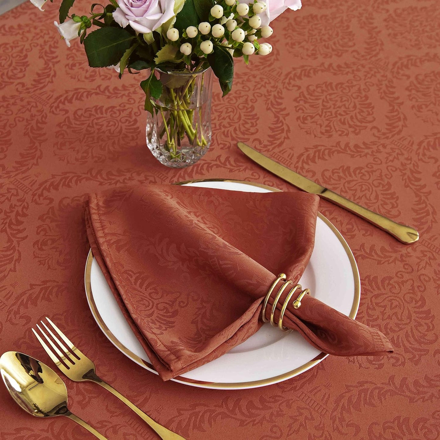 maxmill Jacquard Cloth Napkin 20 x 20 Inch Damask Pattern Solid Washable Polyester Dinner Napkins Set of 4 Pieces with Hemmed Edges for Holiday Dinners Weddings Parties and Banquets Rust
