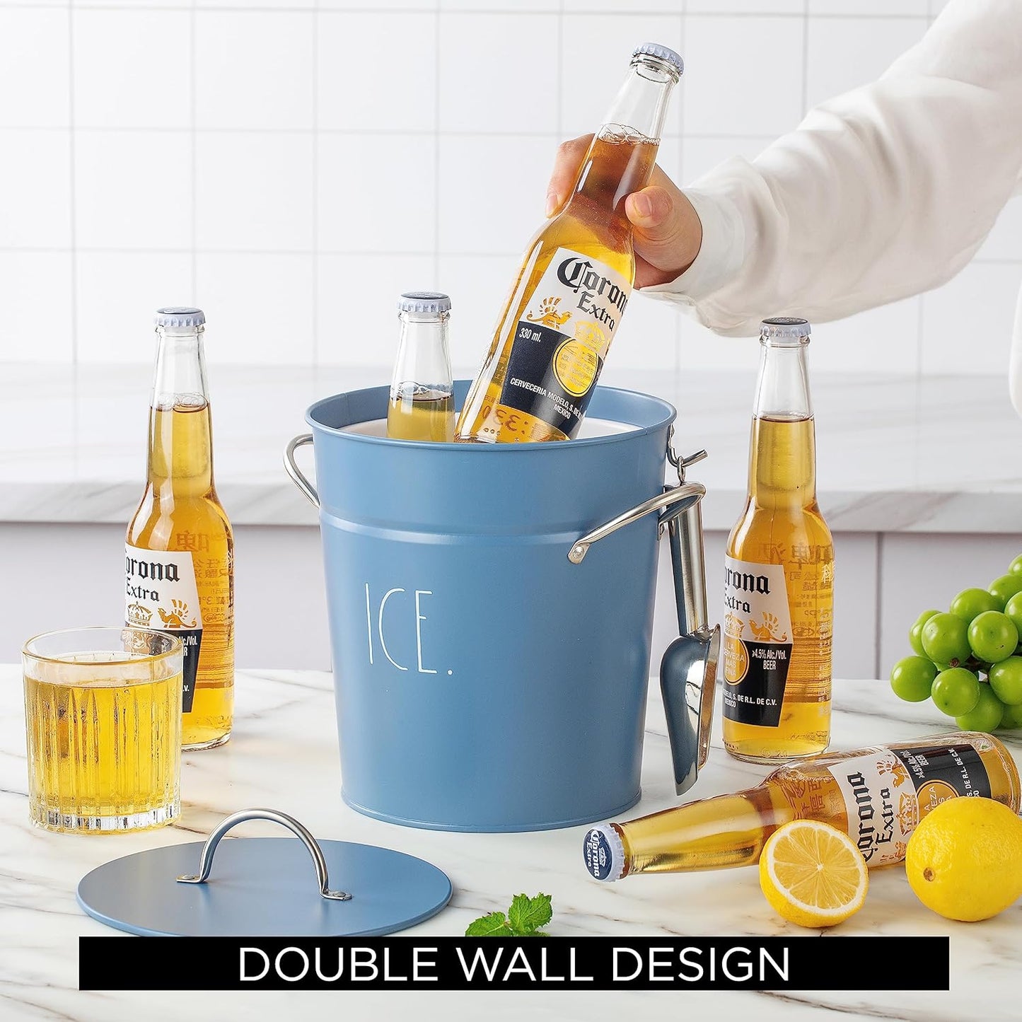 Rae Dunn Ice Bucket with Scoop - Stainless Steel Bucket with Handle, Lid and Ice Scooper - 4 Qt. Storage Bin for Ice Cubes for Bars, Parties, Backyard Barbeques, Picnics, and Camping (Blue)
