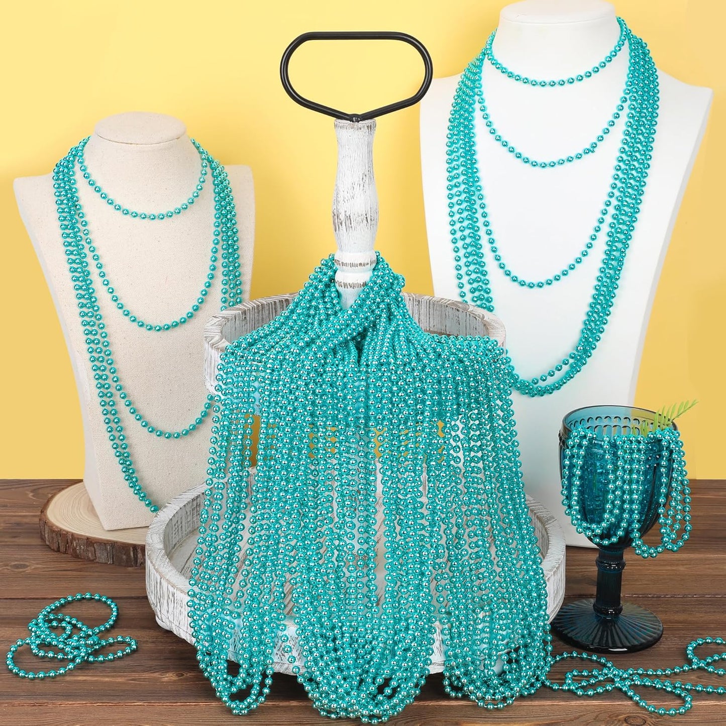 15PCS Mardi Gras Beads, Metallic Blue Teal Accessories Party Favors, 33" Mardi Gras Teal Beads Necklace Stuff, Festival Parade Throw Accessories for Wedding Birthday Gender Reveal Party Supplies