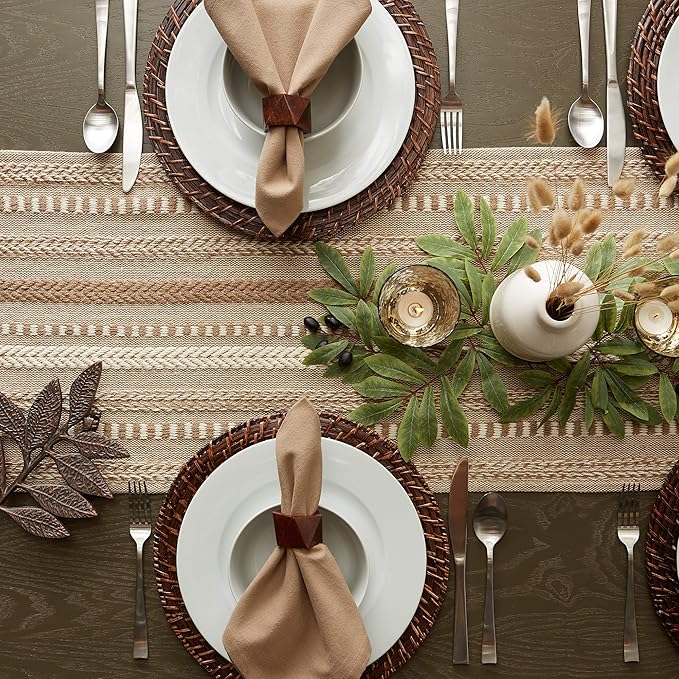 DII Farmhouse Braided Stripe Table Runner Collection, 15x108 (15x113, Fringe Included), Stone
